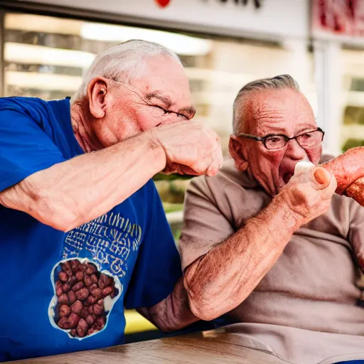 Image similar to Two elderly men fighting over a sausage, Canon EOS R3, f/1.4, ISO 200, 1/160s, 8K, RAW, unedited, symmetrical balance, in-frame