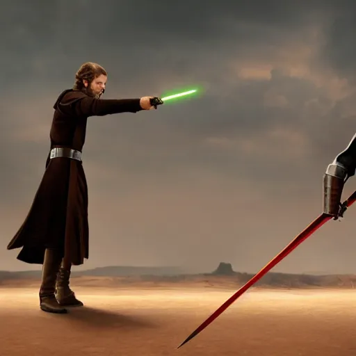 Prompt: dramatic still image of obiwan dueling anakin