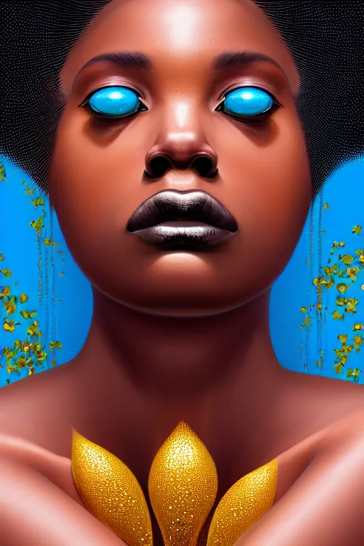 Prompt: hyperrealistic precisionist cinematic profile very expressive! black oshun goddess, in water! up to shoulders, mirror dripping droplet!, gold flowers, highly detailed face, digital art masterpiece, smooth eric zener cam de leon, dramatic pearlescent turquoise light on one side low angle uhd 8 k f / 8 1 / 4 0 0 s iso 1 0 0
