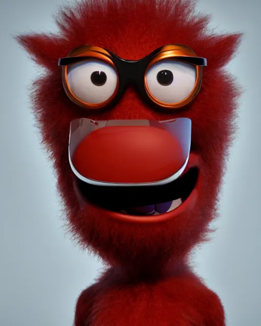 Image similar to 3 d render of completely red hairy friendly antropomorphic creature wearing chrome shades, without nose, small smile, full body, standing on 2 feet, in the style of pixar, white background, unreal engine 5, octane render, highly detailed hdr