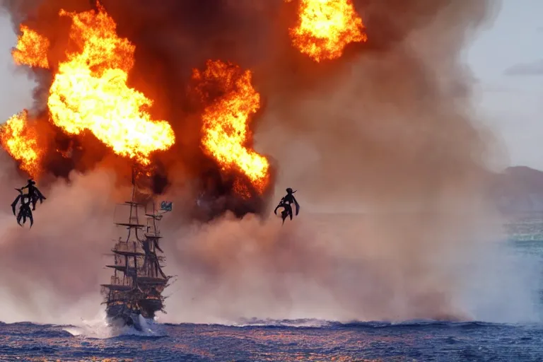 Prompt: closeup pirate crew running down beach as pirate ship fires canons, sand explosion 2 0 0 mm by emmanuel lubezki