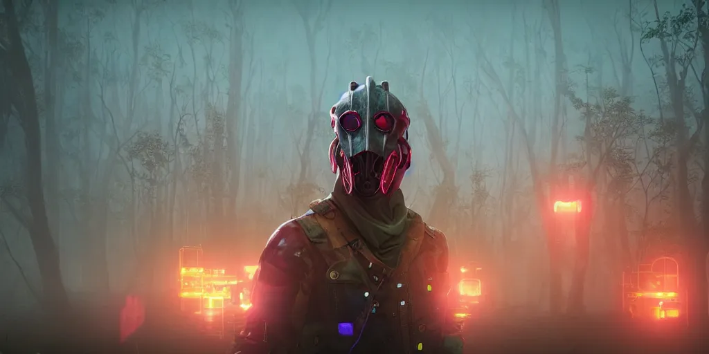 Prompt: inside of strange misty swamp landscape a gamekeeper wearing a steampunk and cyberpunk mechanical fluorescent mystical animal mask and red hood. in style of fornite game. night fog,, beautiful render, octane render