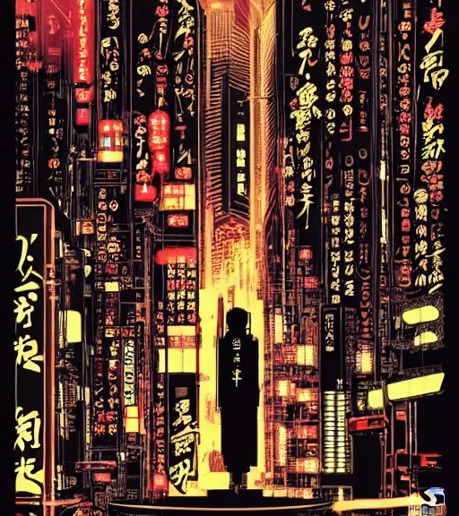 Image similar to futuristic japanese cyberpunk bladerunner silk screen by utagawa yoshiiku, ohara koson, pixiv contest winner, cyberpunk style, cyberpunk color scheme, mechanical, robotic, human machine interface, high resolution, hd