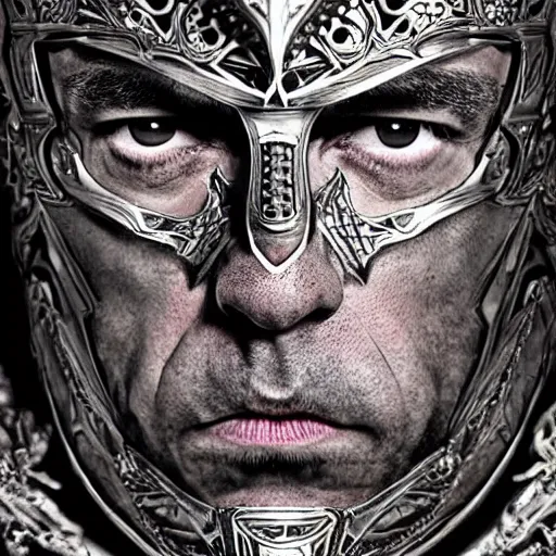 Image similar to joe rogan wearing knight armor, hyper realistic, close up, symmetrical, 4 k, highly ornate intricate details,