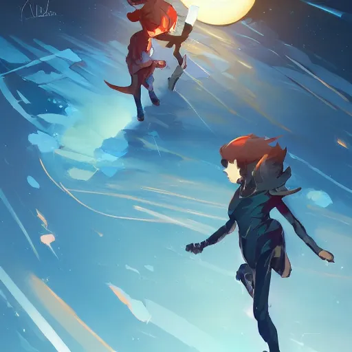 Image similar to blue chunk of ice flying through a night sky, black scrap metal trailing behind it, official fanart behance hd artstation by jesper ejsing by rhads, makoto shinkai and lois van baarle, ilya kuvshinov, ossdraws