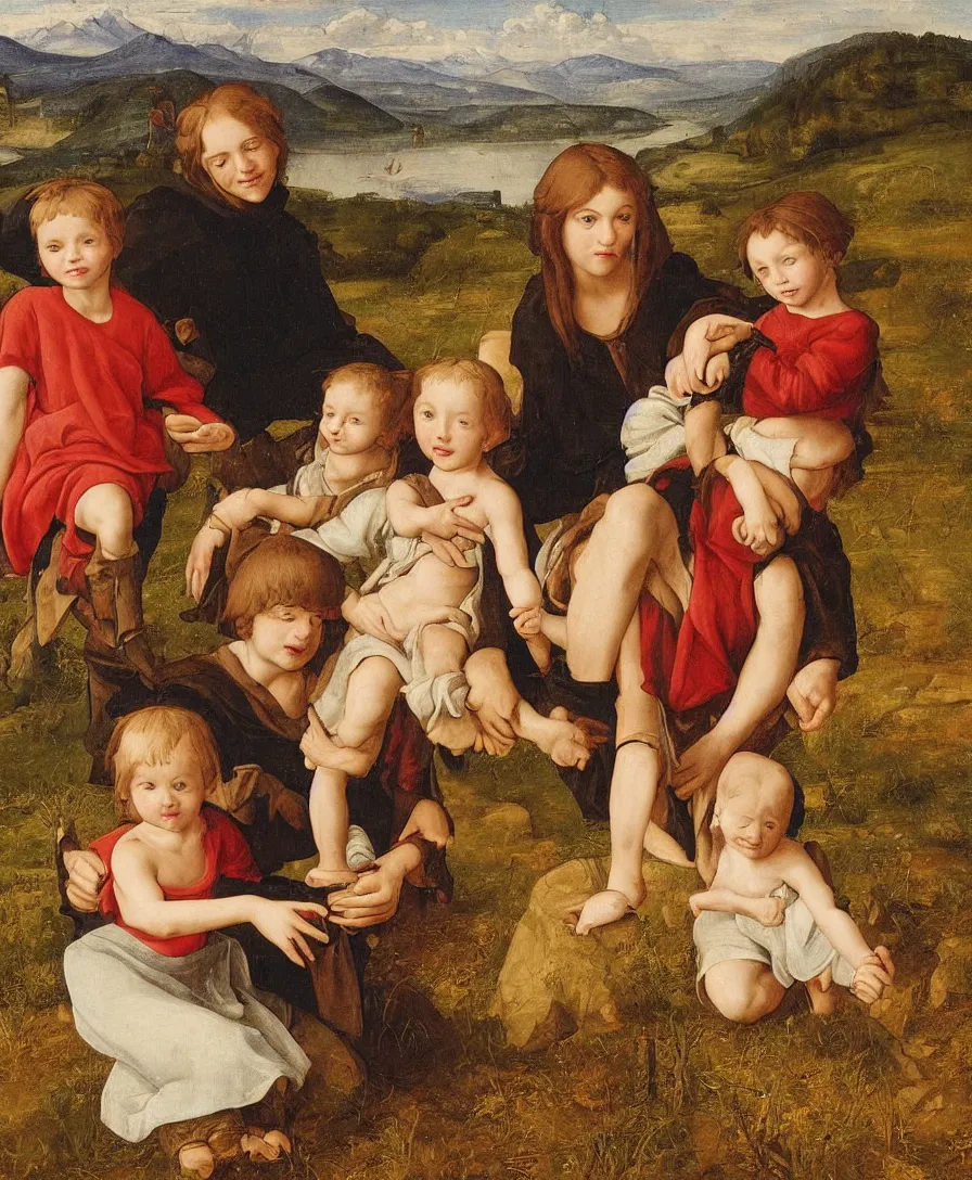 Prompt: Madonna sitting with two small boys in a dried out meadow, boy holding cross, lake, mountains, town in background, close up, in the style of Raffael, oil painting, Italian Renaissance