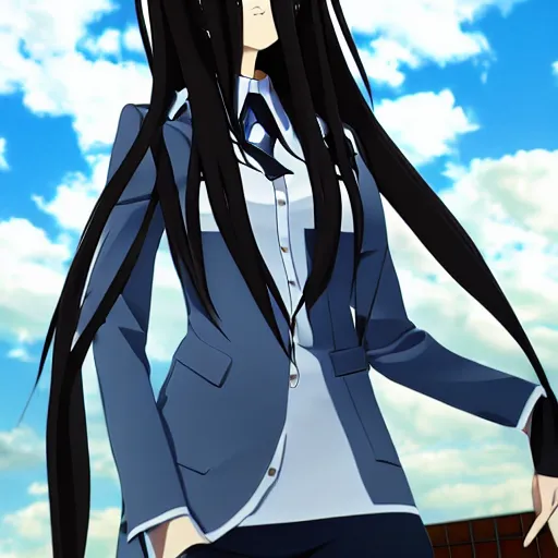 prompthunt: Anime Major Kurisu Makise in all black uniform, low angle shot,  digital art