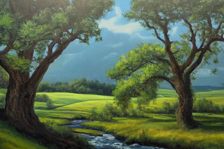 Prompt: masterpiece painting of oak trees on a hillside overlooking a creek, dramatic lighting, by paul o. zelinsky