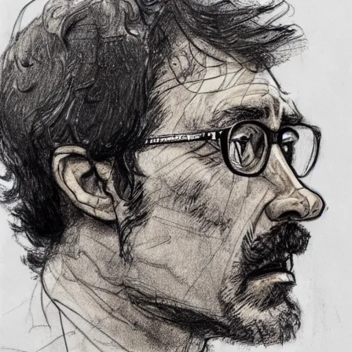 Image similar to a realistic yet scraggly portrait sketch of the side profile of a stern and sophisticated kip dynamite, trending on artstation, intricate details, in the style of frank auerbach, in the style of sergio aragones, in the style of martin ansin, in the style of david aja, in the style of mattias adolfsson