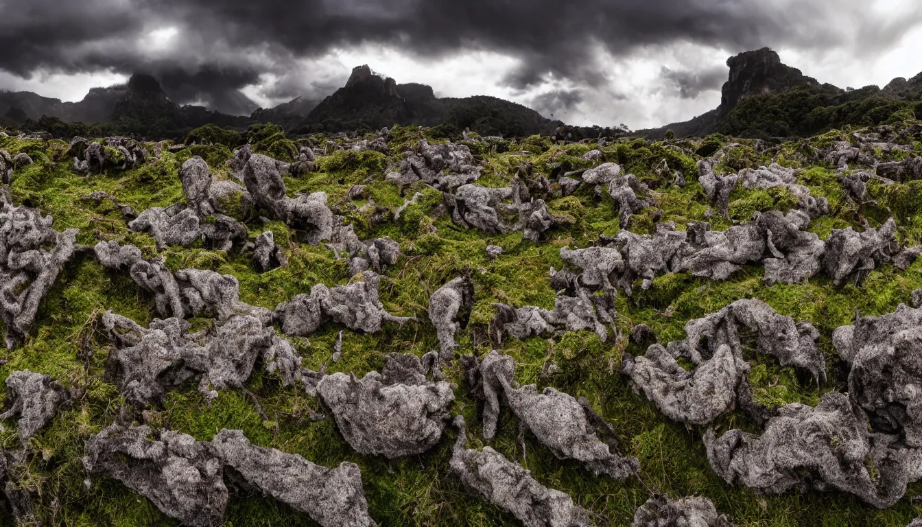 Image similar to Hundreds of humans , emerging hands and beautiful women’s and men screaming laughing and crying face ,biodiversity all round , dramatic dusk illuminate detailed entangled fibres carpet the fallen rocks , stormy clouds gather in the distance , full colour , upscale , 8k