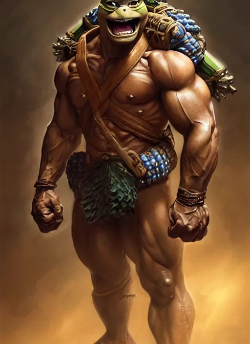 Image similar to portrait of aggressive leonardo from teenage mutant ninja turtle, d & d, muscular! athetic bodybuilder in dynamic fighting stance, fantasy, intricate, elegant, highly detailed, digital painting, artstation, concept art, smooth, sharp focus, illustration, art by artgerm and greg rutkowski and alphonse mucha