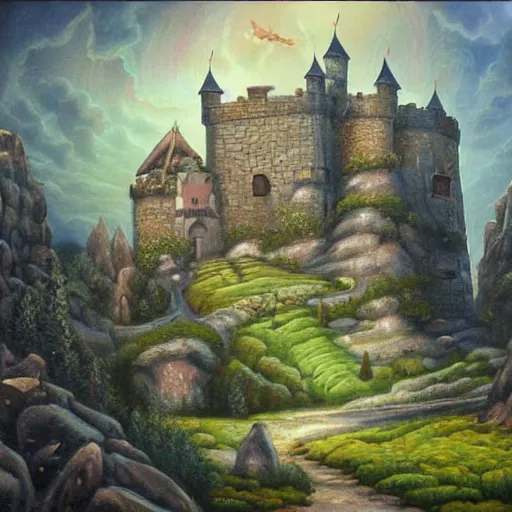 Prompt: A fantasy painting of a castle in a deep valley, lots of detail