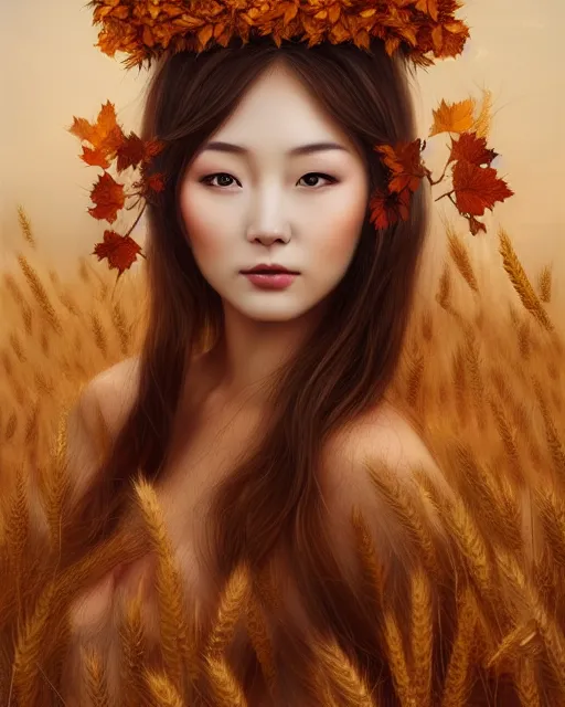 Prompt: goddess of autumn, with wheat ears on her head, chinese beauty, half - length head portrait, dreamy, beautiful, by wlop