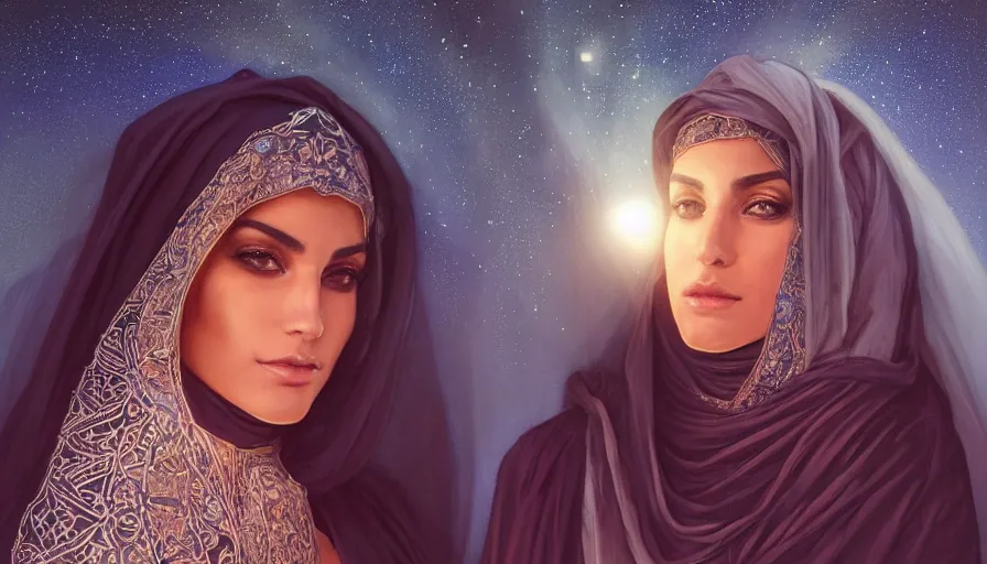 Image similar to Portrait of very very very very very very beautiful Arab woman wearing a Niqab, glowing magical eyes, energy trails, under giant full moon in the desert, intricate, elegant, highly detailed, digital painting, artstation, concept art, smooth, sharp focus, illustration, art by artgerm and greg rutkowski and alphonse mucha