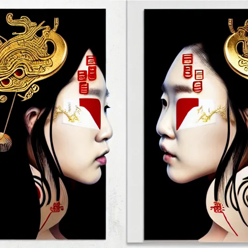 Image similar to portrait and side profile of a chinese woman :: side profile :: in ocean :: clockwork details :: gold :: blood and horror :: by vikings and Sandra Chevrier