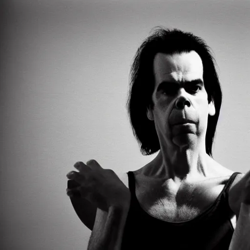 Prompt: nick cave dressed as a ballerina, low angle, studio photography