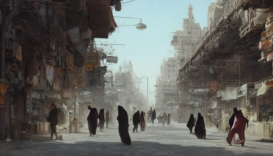 Image similar to jeddah city street, roshan, shops, a bright pharmacy, a nomad wearing a worn out coat, plants, tree, dramatic lighting, sci fi, by caspar david friedrich by james gilleard and justin gerard, centered, artstation, smooth, sharp focus, photoreal octane render, by jean baptiste monge, gustave dore, deviantart