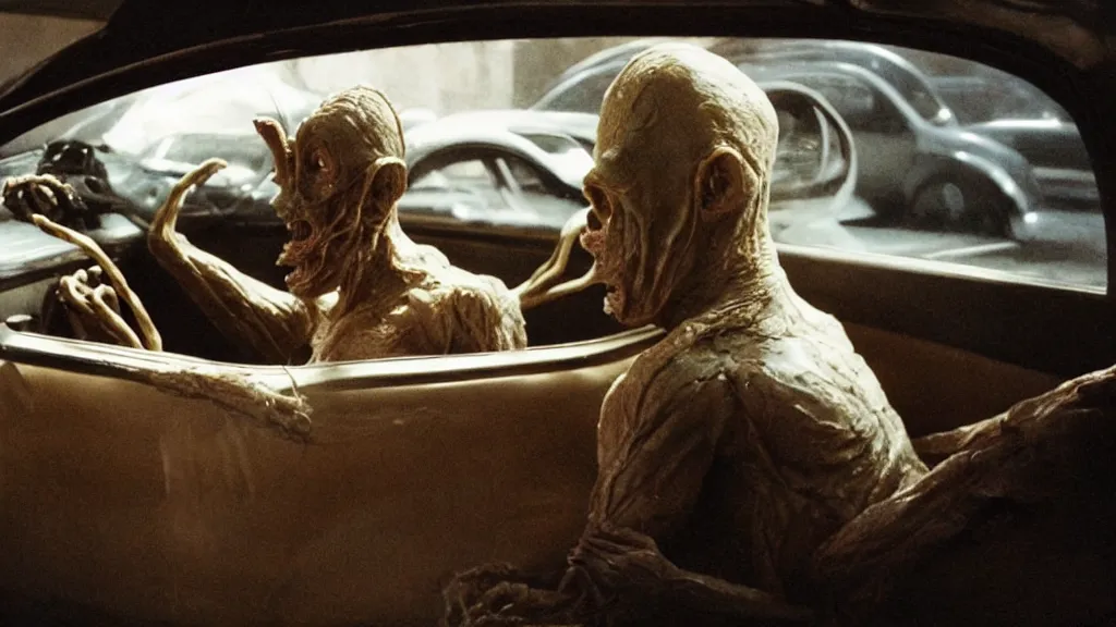 Prompt: the creature sits in a car, made of wax and metal, film still from the movie directed by Denis Villeneuve and David Cronenberg with art direction by Salvador Dalí, wide lens