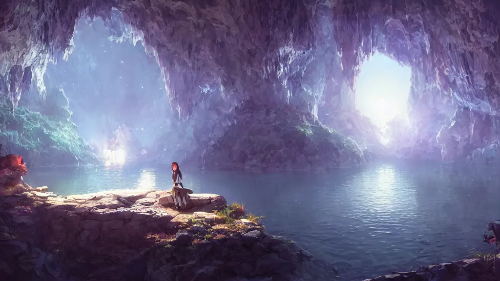 Image similar to inside a magical cave full of intricate dreamy crystal, there was a lake, filled by the light of a beautiful silver moon, dynamic lighting, cinematic lighting, lit by moonlight, by makoto makoto, krenz cushart and ilya kuvshinov and artgerm, unreal engine, featured on artstation, ultrawide angle