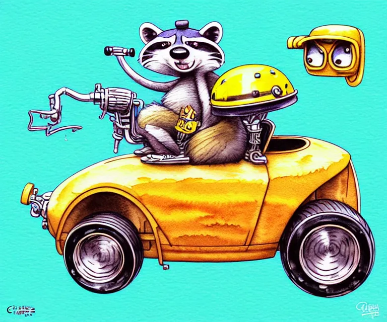 Image similar to cute and funny, racoon wearing a helmet riding in a tiny hot rod with oversized engine, ratfink style by ed roth, centered award winning watercolor pen illustration, isometric illustration by chihiro iwasaki, edited by range murata, tiny details by artgerm and watercolor girl, symmetrically isometrically centered and in focus