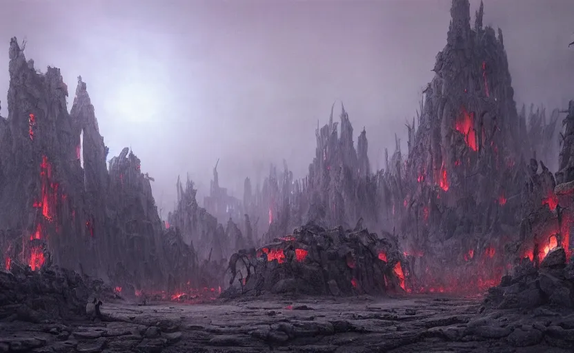 Image similar to Ruins of hell, an ominous fantasy illustration, dramatic matte painting by Wayne Barlowe and Fenghua Zhong, featured in artstation, octane render, cinematic, elegant, intricate, 8k, fine dust