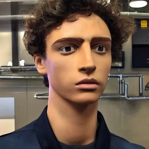 Image similar to “a realistic detailed photo of a guy who is an attractive humanoid who is half robot and half humanoid, who is a male android, Lando Norris, shiny skin, posing like a statue, blank stare”