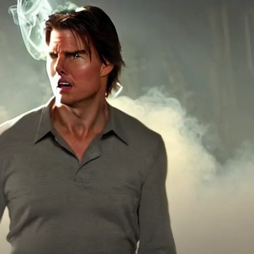 Image similar to tom cruise exhaling a smoke cloud in the movie pineapple express