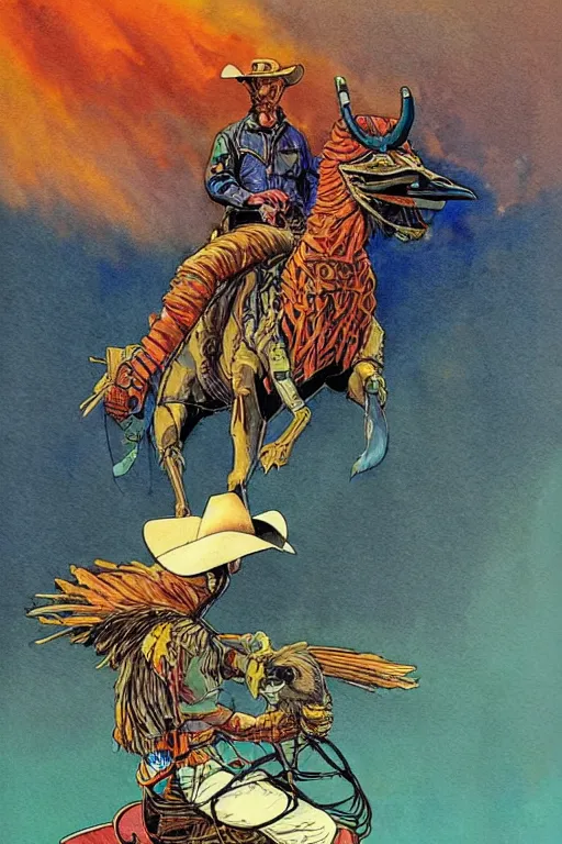 Image similar to tough cowboy riding an emu bird, scifi, art by jean giraud, moebius, juan gimenez, in watercolor gouache detailed paintings, in style of syd mead, colorful comics style, artstation