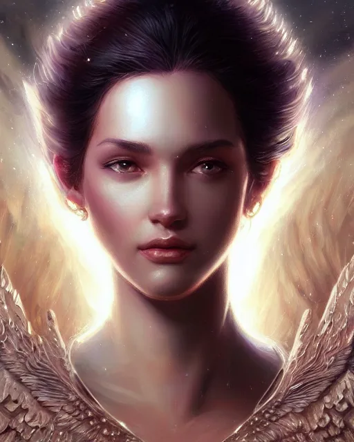 Image similar to close up portrait of a beautiful cosmic angel, fantasy, intricate, elegant, highly detailed, digital painting, artstation, concept art, smooth, sharp focus, illustration, by artgerm and greg rutkowski