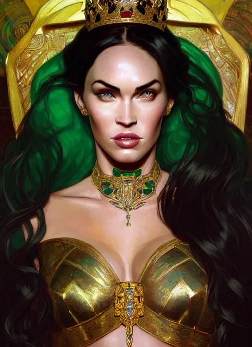 Image similar to portrait of megan fox as a queen, throne, jewelry, greek, emerald, intricate, headshot, highly detailed, digital painting, artstation, concept art, sharp focus, cinematic lighting, illustration, art by artgerm and greg rutkowski, alphonse mucha, cgsociety