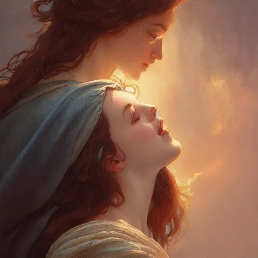 Image similar to jesus kissing a maria maddalena, intricate, elegant, highly detailed, digital painting, artstation, concept art, matte, sharp focus, illustration, art by artgerm and greg rutkowski and alphonse mucha