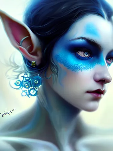 Image similar to the elven queen with blue skin by james jean, charlie bowater, tom bagshaw, nikolay makovsky : : enchanting, ethereal, magical, portrait, character design, illustration, hyperrealism, photorealism, digital art, concept art, fantasy, whimsy, weta, wlop, artstation