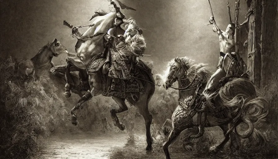 Image similar to big opened book, don quixote leave the book by horse, opened book page, cinematic romantic magical masterpiece, by gene wolfe, highly detailed painting by gustave dore