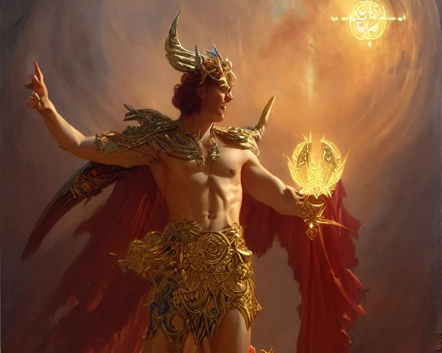 Image similar to attractive pagan male deity, casting chaos magic, summoning handsome lucifer morning star. highly detailed painting by gaston bussiere, craig mullins, j. c. leyendecker 8 k