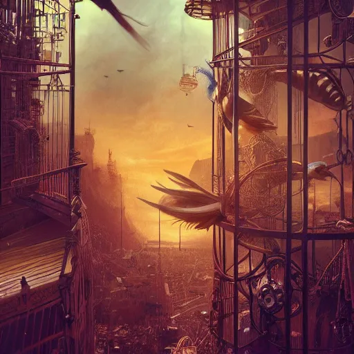 Prompt: intricate cage with bird of paradise steampunk, matte painting, cinematic, epic composition, detailed, atmospheric, wide angle, artstation trending