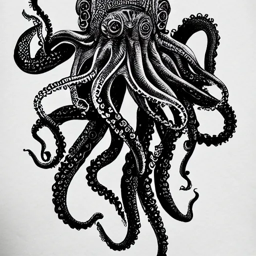 Image similar to black ink on paper, alien octopus, trending on artstation, beautiful, intricate, detailed