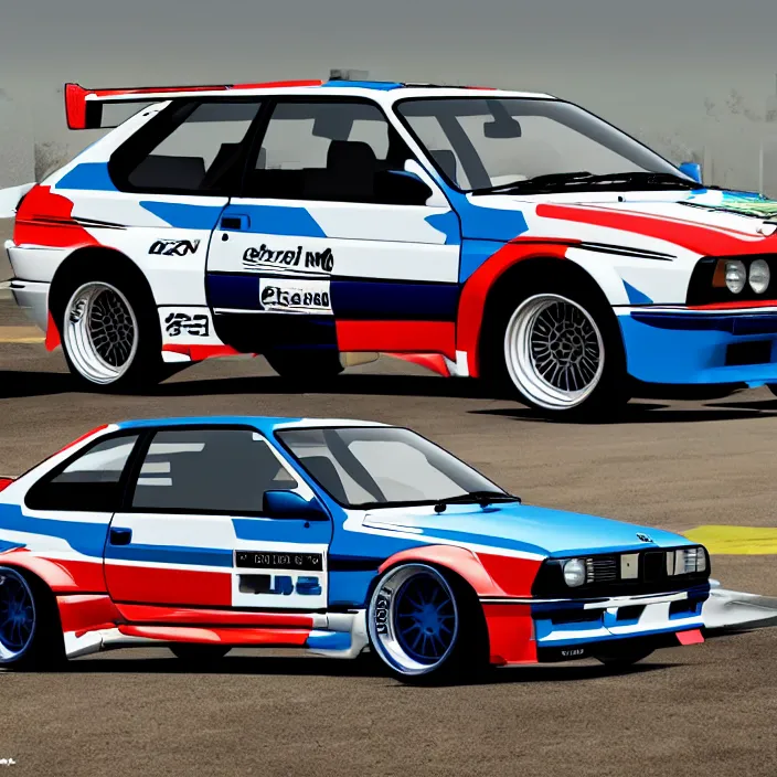 Prompt: ae 8 6, bmw e 3 0, tuner livery, kyza saleem, realistic, 4 k