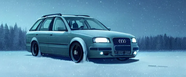 Prompt: Audi A4 B6 Avant (2002), a gritty neo-noir, dramatic bright lighting, cinematic, establishing shot, extremely high detail, photorealistic, cinematic lighting, artstation, by simon stalenhag, Snowy mountain road, At night