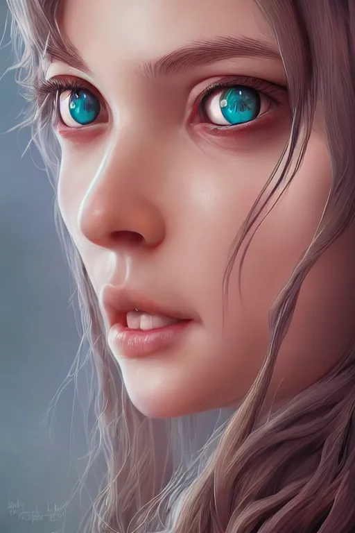 Image similar to very cute girl portrait, highly detailed eyes, intricate details, by artgerm, tooth wu, dan mumford, beeple, wlop, unreal engine 5 rendering