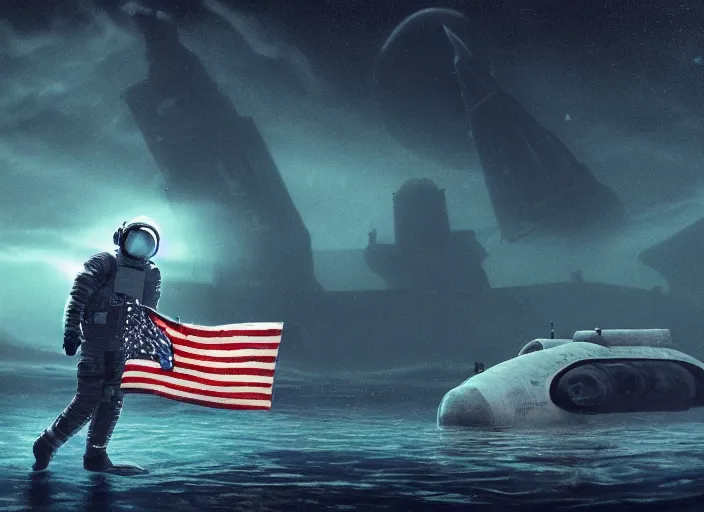 Image similar to astronaut holding a flag in an underwater desert. a submarine is visible in the distance. dark, concept art, cinematic, dramatic, atmospheric, 8 k, trending on artstation, blue, fish, low visibility, fog, ocean floor, christopher nolan, interstellar