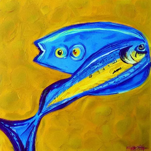 Prompt: “yellow fish by boat oil panting”