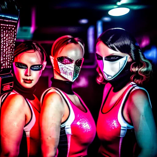 Prompt: photograph of a sexy retro techwear female group near the bar of a packed busy rundown nightclub, lots of people, variety of sharp sparkly creepy masks, retrofuturism, brutalism, cyberpunk, sigma 85mm f/1.4, 15mm, 35mm, tilted frame, long exposure, 4k, high resolution, 4k, 8k, hd, wide angle lens, highly detailed, full color, harsh light and shadow