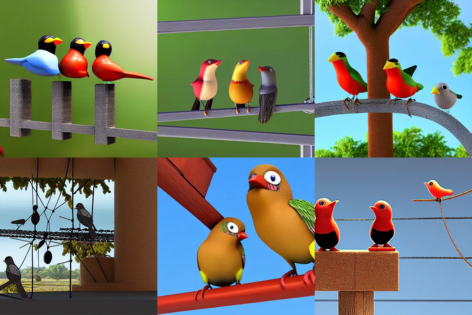 Prompt: Birds gossiping while sitting on a power line, 3D characters, detailed, realistic.