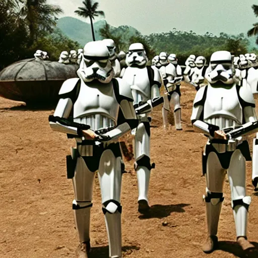 Image similar to star wars clone troopers offer aid to soldiers in vietnam, photo, old picture, lush landscape, field, firearms, war, bombs, explosions, x - wings, tie fighters, aerial combat, active battle zone, in trenches, star wars droid battle, jedi master, land mines, gunfire, grenades, violence