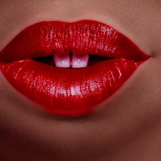 Image similar to a photo of a hyperrealistic lusty blonde woman with lucious red lips opening her mouth and sticking out her tongue photorealism