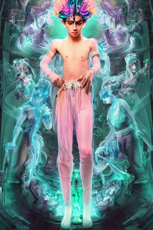 Image similar to full-body rococo and cyberpunk delicate neon crystalline sculpture of ((young muscular onyx albino prince Zayn Malik)) as an blue iridescent humanoid deity wearing ((peach plastic hooded cloak)) (holding a human skull) in a onyx castle dungeon, reclining, glowing pink face, crown of (pink lasers), large blue diamonds, swirling black silk fabric. futuristic elements. oozing glowing liquid, full-length view. space robots. intricate artwork by caravaggio. Trending on artstation, octane render, cinematic lighting from the right, hyper realism, octane render, 8k, depth of field, 3D