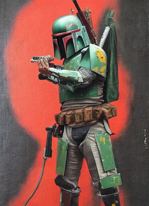 Prompt: boba fett in a samurai japanese version, very detailed oil painting, dark and realistic, japanese art art