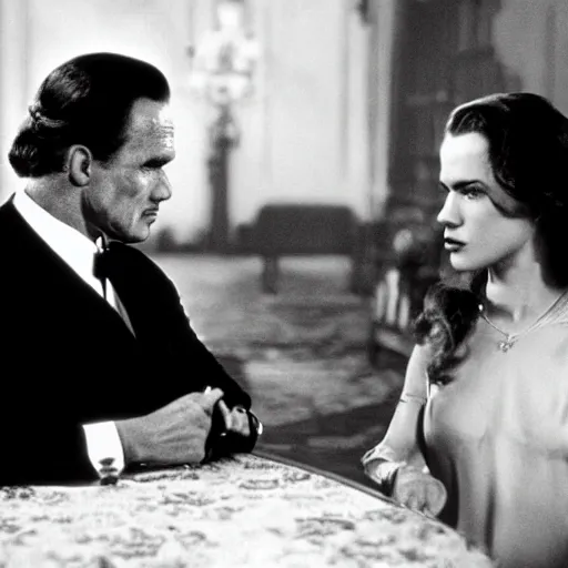 Image similar to film still of arnold schwarzenegger as vito corleone