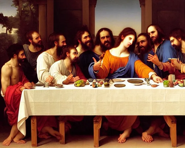 Image similar to beautiful creative realistic oil painting of the last supper, baroque style by bouguereau, highly detailed and photorealistic, 8 k high detail and intricate