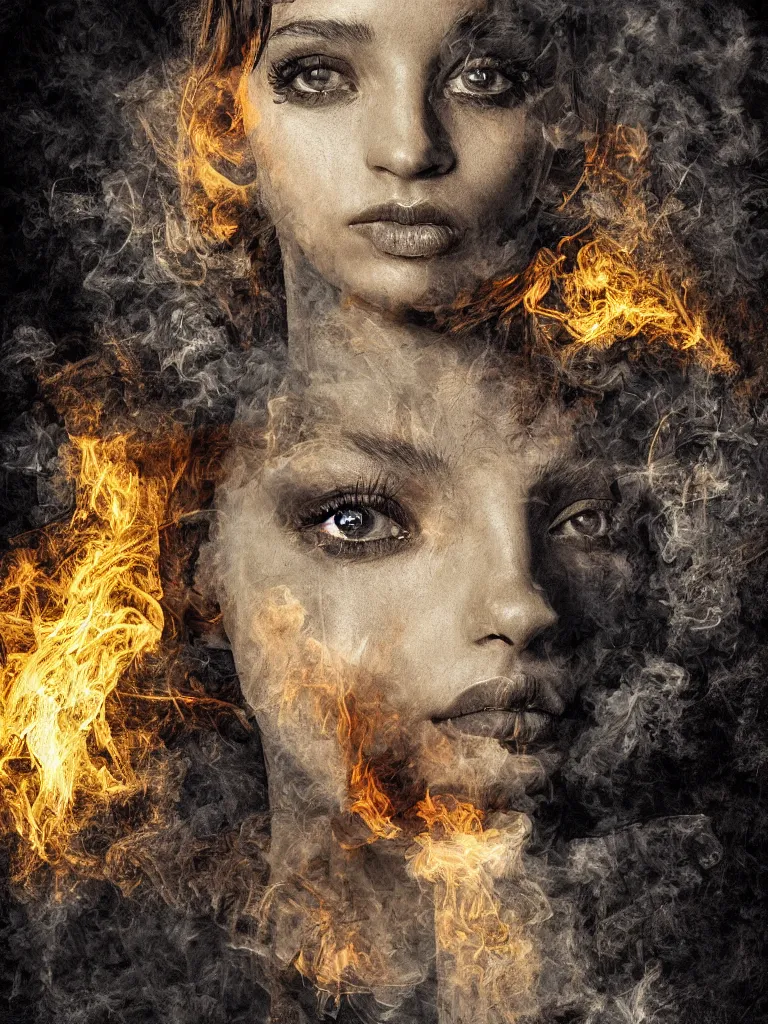 Image similar to a portrait of a beautiful young woman made of smoke and ember, high contrast, hdr, by enki bilal and daarken